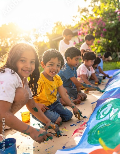 Joyful children painting outdoors, creating vibrant art together under the warm sun.