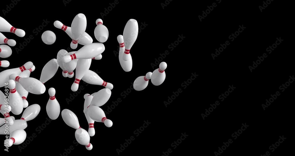 3D bowling pin animation with multiple pins moving across the screen ...