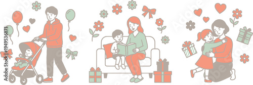 Various joyful family moments illustrate loving parents caring for their happy children with warmth and affection.