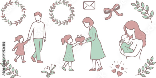 A charming collection of minimal illustrations capturing family moments, parental love, and celebratory decorative elements.
