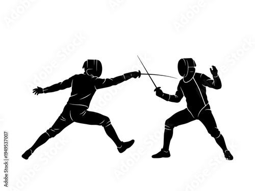 Professional black and white silhouette of two fencing athletes in action, demonstrating a competitive duel with swords and protective equipment.