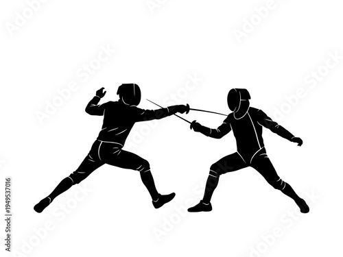 High-contrast black silhouette of two fencers engaged in a competitive duel. Minimalist graphic ideal for sports-themed designs and athletic branding.