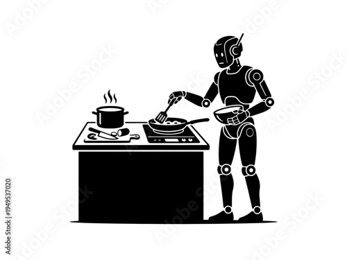 A black and white vector silhouette of a humanoid robot preparing a meal on a stove, representing domestic kitchen automation and artificial intelligence technology.