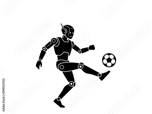A black and white vector illustration of a robotic figure kicking a soccer ball, representing the intersection of artificial intelligence and sports.