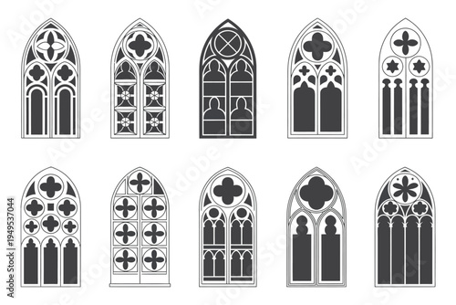Church Medieval Windows Vector Set, Old Gothic Style Architecture Elements Collection, Decorative Cathedral Window Frames in Vintage Glyph Illustration Isolated on White Background
