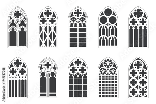 Church Medieval Windows Vector Set, Old Gothic Style Architecture Elements Collection, Decorative Cathedral Window Frames in Vintage Glyph Illustration Isolated on White Background