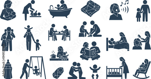 Collection of simple dark blue icons representing various childcare and parenting activities effectively.