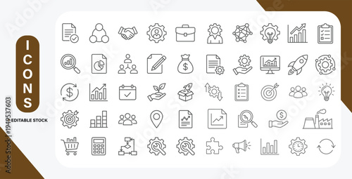 Business Project Icons Set with Editable Line Style. Vector Outline Illustration Collection.