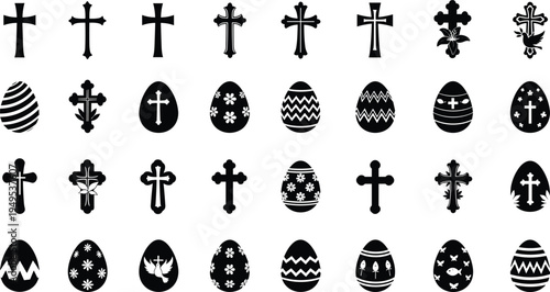 Black and white Easter eggs and crosses icons set for holiday design