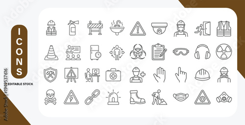 Work Safety Icons Set with Editable Line Style. Vector Outline Illustration Collection.