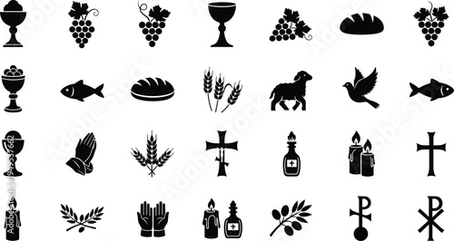 Christianity symbols and icons set including cross fish bread wine
