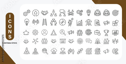 Teamwork Line Icons Set for Business Featuring Meeting, Cooperation, Support, Collaboration, Partnership, Society, Workshop, Work Group and Human Resource – Editable Stroke Vector Illustration.