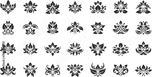 Collection of black floral design elements on white background