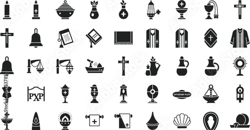 Collection of Christian church symbols and icons on white background