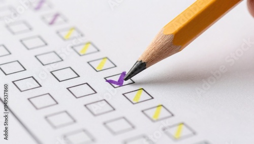 Pencil marking checkbox on survey form with yellow and purple ticks  office supplies
