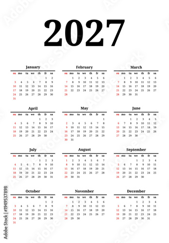Calendar for 2027 isolated on a white background
