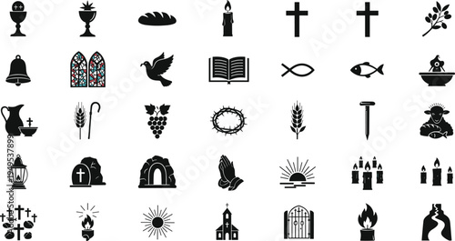 Collection of Christian religious icons and symbols on white background