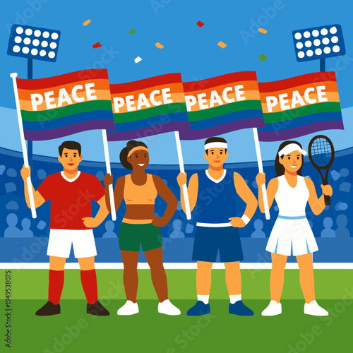 Flat Vector of Athletes Carrying Flags of Peace