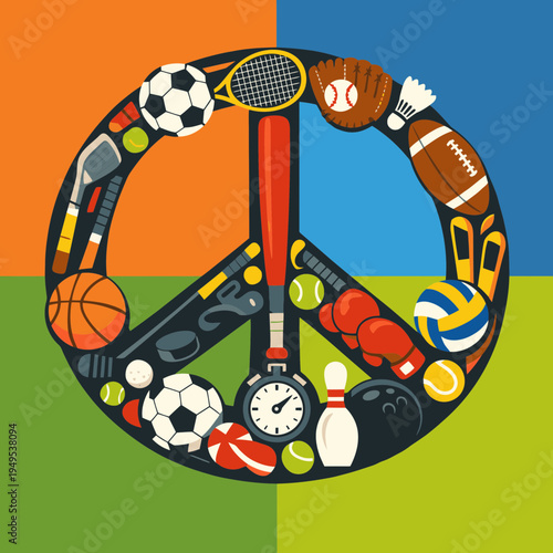 Flat Vector Poster of Peace Symbol Made from Sports Equipment