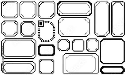 Pixel Art UI Frame and Window Border Vector Set, Black and White Video Game Interface Elements for Dialog Boxes, Menu Screens, Game HUD Design and Digital Asset Creation