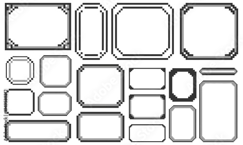 Pixel Art UI Frame and Window Border Vector Set, Black and White Video Game Interface Elements for Dialog Boxes, Menu Screens, Game HUD Design and Digital Asset Creation