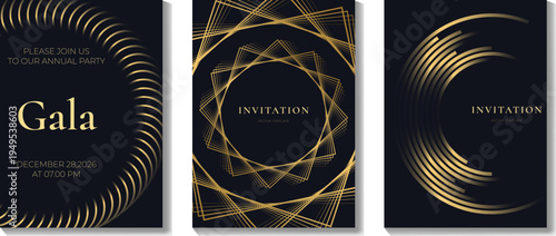 Elegant luxury invitation card set vector. Gold geometric line frames on black background for gala, wedding, party, and premium event stationery design.