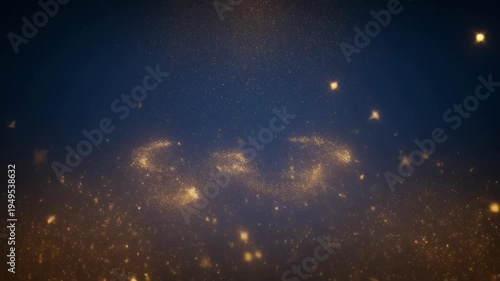 Enchanting golden particles on a dark blue gradient background with bokeh effect