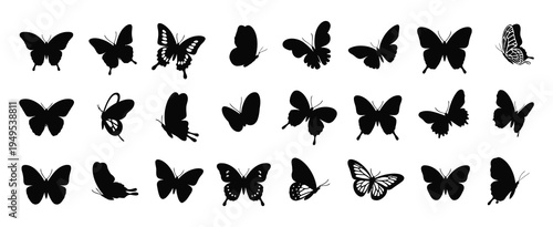 Butterfly Silhouette Vector Set with Moths and Flying Insects, Hand Drawn Black Wing Shapes in Different Styles, Minimal Insect Illustration Collection for Logo Design, Stickers, Icons and Y2K Cover 