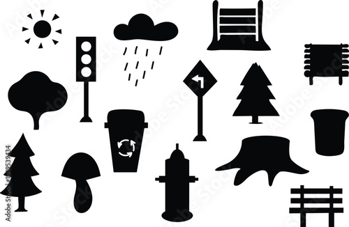 Set of various park and outdoor elements, including sun, rain cloud, traffic light, and multiple trees
