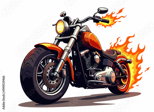 Vector t-shirt design with biker motorcycle
and fire on white background.
Fashionable print for fabric, paper, men clothing,
hoodie, biker jacket. T shirt template with flame.