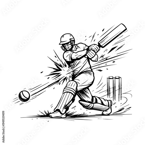 Line art cricket batsman hitting ball with bat, action sports line art vector illustration