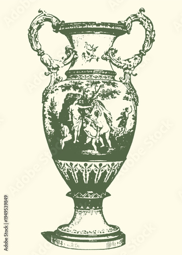 An elaborate green monochrome vector illustration depicting a classical ancient greek or roman amphora vase adorned with intricate mythological figures and decorative historical patterns.