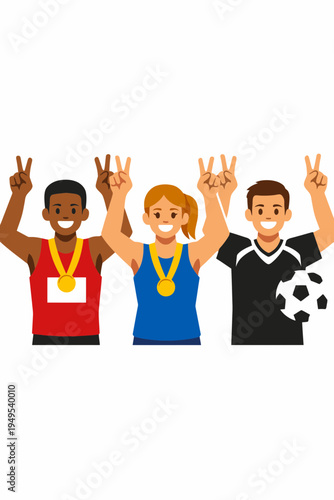 Flat Vector of Athletes Celebrating Victory with Peace Gesture