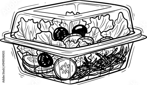 Salad in clear plastic container with lettuce, tomatoes, and olives  