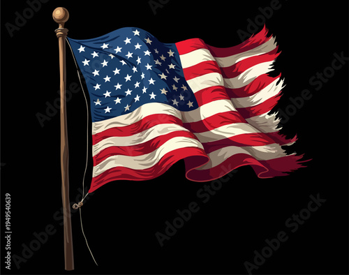 Vector design with drawing
of torn national flag of usa is fluttering in wind. 
Fashion t-shirt print. American pattern 
of stars and stripes for textiles, fabric, clothing.
