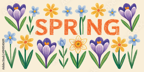 Spring Cute Floral Card or Poster Template with Wildflowers, Narcissus and Crocus Flowers, Hand Drawn Crayon Style Illustration for Women’s Day, Easter, Birthday and Mother’s Day Greeting