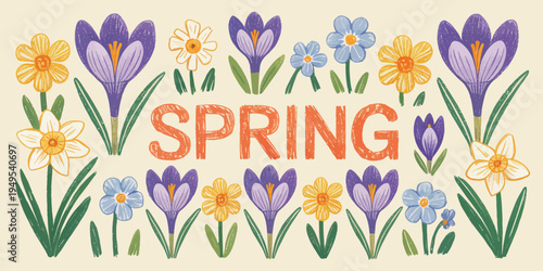 Spring Cute Floral Card or Poster Template with Wildflowers, Narcissus and Crocus Flowers, Hand Drawn Crayon Style Illustration for Women’s Day, Easter, Birthday and Mother’s Day Greeting