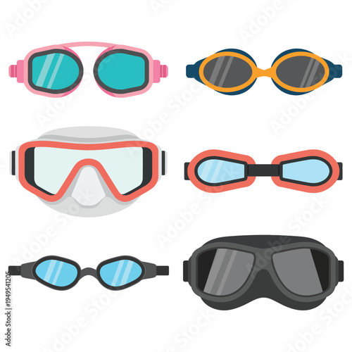 Swim Goggles Vector Cartoon Set Isolated on White Background, Swimming Pool Equipment Icons Collection, Cute Diving and Water Sports Accessories Illustration for Summer Activity Design