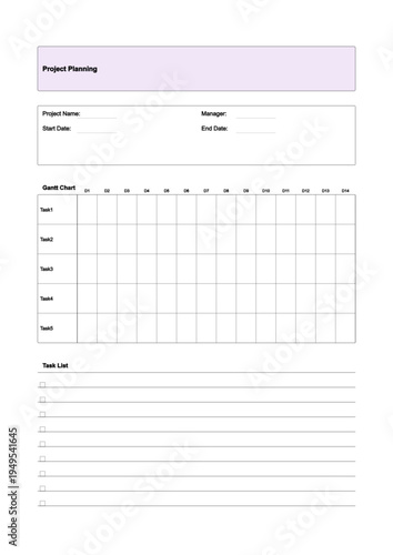 Blank Lined  Project Planning Paper Sheet  with Gantt Chart, Task List and Schedule Tracker, Paper Size A4 (210 x 297 mm), Line spacing of project planning 8mm