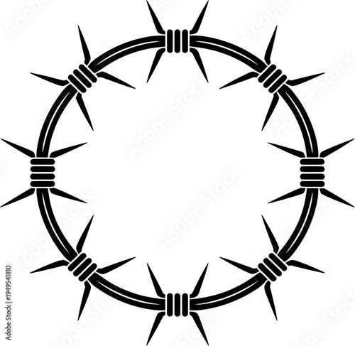 Circular barbed wire frame or border, black silhouette icon of a sharp wire circle, security and prison concept, vector illustration design element