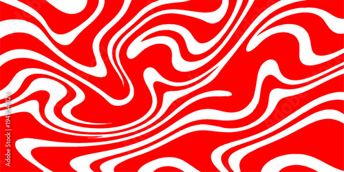Abstract red and white vector wallpaper featuring seamless yellow wave lines and a swirl pattern for a decorative textile texture design