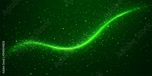 An abstract green space background features glowing particles and swirling nebula clouds across a dark cosmos filled with bright stars and galactic light