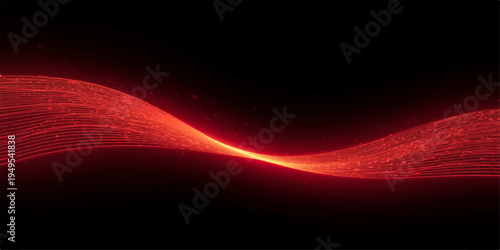 A vibrant abstract red wave design features a glowing energy motion with light rays and fire effects set against a dark backdrop