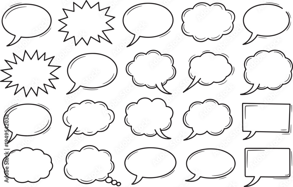 Fototapeta premium A versatile vector graphic illustration featuring a collection of unique, hand-drawn doodle speech and thought bubbles for comics, social media, and communication design.