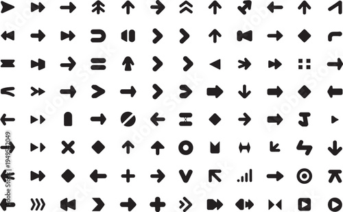 A comprehensive vector graphic illustration featuring a diverse collection of sleek, minimalist black arrow icons and navigation symbols, perfect for web design and user interface elements.