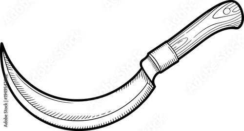 Hand drawn illustration of a sickle or curved harvesting knife with a wooden handle in a vintage engraving style