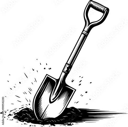 Vintage engraving style illustration of a garden shovel digging into the ground
