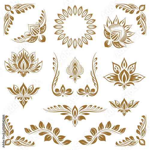 Thai Ethnic Decorative Elements Vector Set, Traditional Thai Ornament and Cultural Motif Illustration Collection, Vintage Ethnic Pattern Design for Textile, Architecture and Graphic Decoration