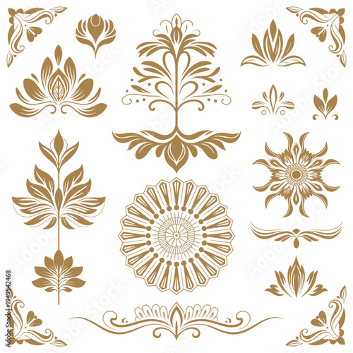 Thai Ethnic Decorative Elements Vector Set, Traditional Thai Ornament and Cultural Motif Illustration Collection, Vintage Ethnic Pattern Design for Textile, Architecture and Graphic Decoration