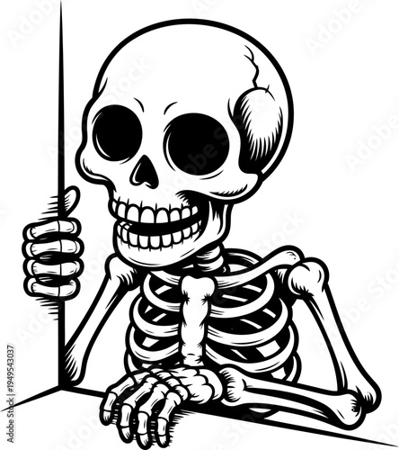 Cartoon skeleton peeking around a corner, black and white line art illustration